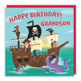 Hunts England - Grandson Pirate Ship Kids Birthday Card - Happy Birthday! - Grandson - Pirate Ship On High Seas - Imagination Collection