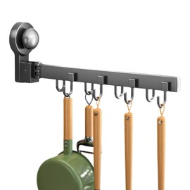 Marjoramy Kitchen Utensil Holder with 8 Hooks, Suction Screw Kitchen Aid Hanging Rail, No Drilling, Removable, Reusable Suction Hooks for Bathroom (Grey)