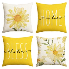 AVOIN colorlife Home Sweet Home Spring Summer Flowers Yellow Throw Pillow Covers, 20 x 20 Inch Cushion Case for Sofa Couch Set of 4