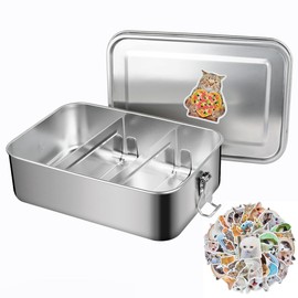 MAOOY Stainless Steel Lunch Box, 2400 ml Lunch Box, Movable 2 Dividers, Leak-Proof, Metal Lunch Box for Adults, Large Lunch Box, Environmentally Friendly & BPA-Free, Kitten Emoji Stickers