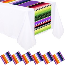 Preboun 6 Pcs Plastic Mexican Table Runner Disposable Serape Table Runner 14 x 108 Inch Mexican Theme Party Decor Fiesta Colorful Striped Tablecover for Cinco De Mayo Party(Purple)