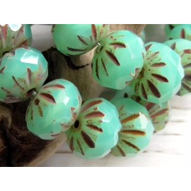 Czech 8 - 10x7mm CZECH OPAQUE AQUA BLUE OPAL PICASSO ETCHED FACETED GLASS CRULLER BEAD