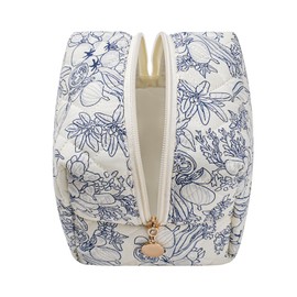 JOVAKIT Cubic Shaped Quilted Makeup Bag Cosmetic Bag for Women, Floral Coquette Cotton Cube Travel Makeup Case Zipper Make Up Pouch, Travel Storage Organizer (Navy Blue Flower)