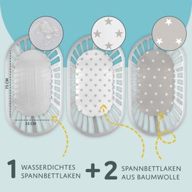 Fitted Sheet Pram Baby Fitted Sheets Set of 3: 75 x 35 cm - 2 x Flat Sheet + 1 x Waterproof Mattress Protector - Baby Cot Accessories for Cot Bed Side Cot Bassinet