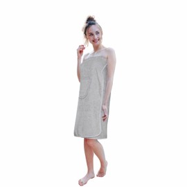 Carenesse Saunakilt Damen 80 x 140 cm grau I Saunatuch 100% Baumwolle Öko-Tex 100 I Weiches OneSize Saunakleid Flexibler Gummibund & 5-Fach Knopfleiste I Sauna Kilt mit aufgesetzter Tasche