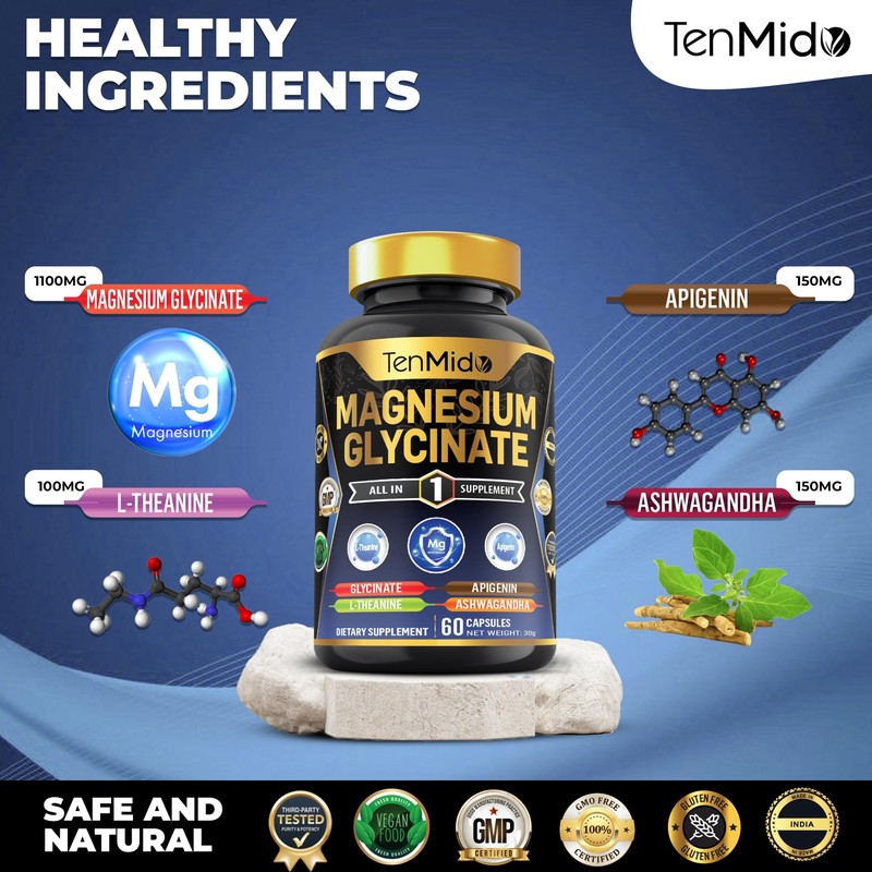 Tenmido Pure Magnesium Glycinate Supplements - 4in1 with L-Theanine, Ashwagandha,