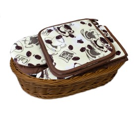 Multi-Purpose Basket Set Kitchen Brown Coffee Braided Oval with One Pair of Oven Gloves and Two Pot Holders