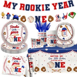 Baseball 1st Birthday Decorations-142pcs Rookie of The Year 1st Birthday Tableware Decorations Set Baseball Plates Napkins Tablecloth for Baby Boy First Birthday Party One Year Old Party Supplies