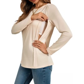 Yousify Womens Long Sleeve Nursing Shirts Zipper Maternity Breastfeeding Tunic Tops Seam Pregnancy Clothes Beige