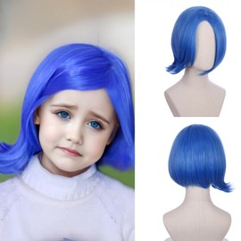 WAVELNM Kids Blue Wig Child Short Bob Wig with Bangs Dark Blue Bob Wig for Girls Kids Cosplay Wig Synthetic Wigs with Wig Cap