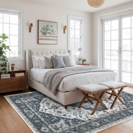 Dotiiorug 5×7 Washable Large Area Rugs for Living Room, Vintage Soft Rug Non Slip Stain Resistant Carpet for Bedroom Dining Room Kitchen Entryway Home Decor，Blue Beige