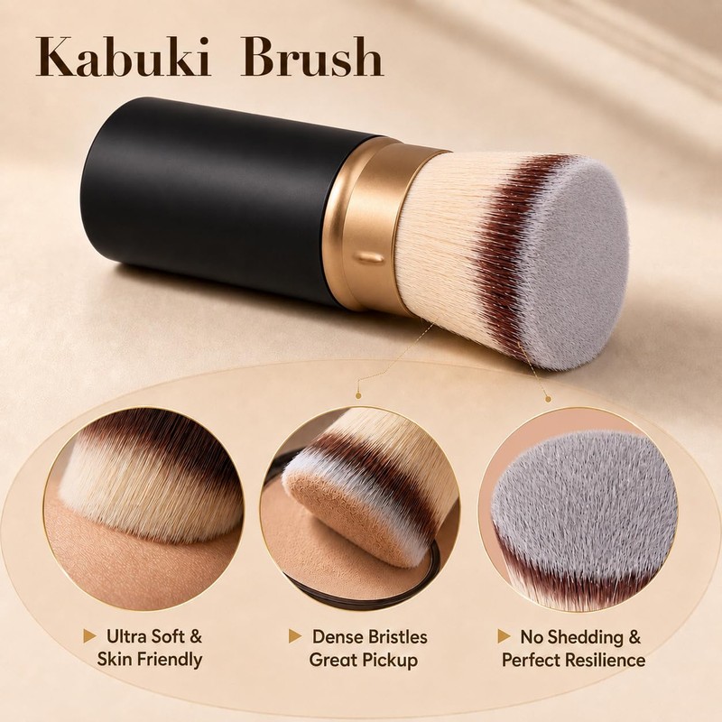 Retractable Angled Kabuki Makeup Brush - Vegan Adjustable Blush Tool