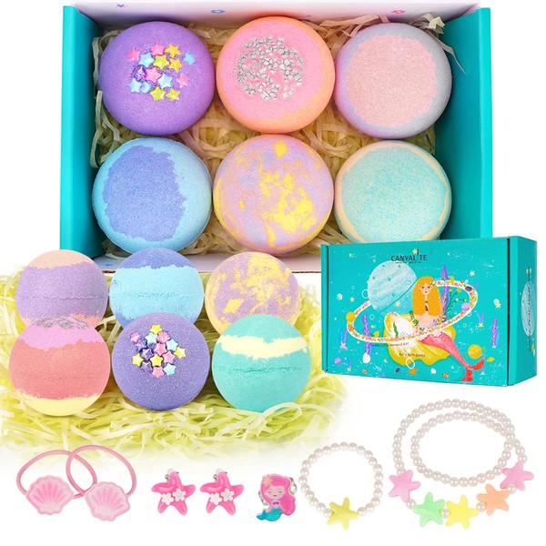 Canvalite Girls Kids Bath Bombs with Surprise Inside 6 Pcs Handmade Bath Bombs Kits Mermaid Gifts for Girls Skin Friendly and Safe Natural Bath Bombs Spa Fizzy Bubble Bath with Little Girls Jewelry