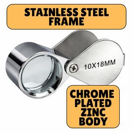 Maximize Chrome Jeweler's Loupe | 10X Power Magnification | Swivel 18mm (0.71") Glass Lens | Key Ring Attachment | Chrome-Plated Metal Body & Case | Includes Shockproof Storage Display Box