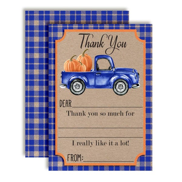 Blue Watercolor Pickup Truck Full of Pumpkins Fall & Autumn Thank You Notes, Ten 4" x 5.5" Fill In The Blank Cards with 10 White Envelopes by AmandaCreation