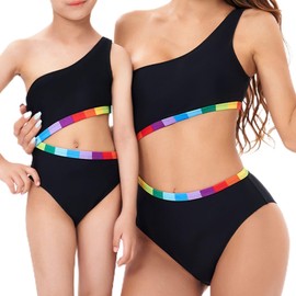 Yartina Mother Daughter Matching Swimsuits Family Mommy Girls Matching Swimwear Quick-Dry Bathing Suit Black Large