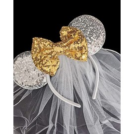 CLGIFT Bride Minnie Ears Headband in White Veil, Rose Gold & Pink for Wedding, Honeymoon, Bachelorette Party (silver & gold, one size fits most, 1 Count)