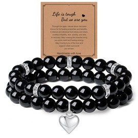 SENLINLU 2pce Heart Bracelet for Women, 8mm Beaded Bracelet, Mum Friendship Link Layered Bracelets for Womens and Girls