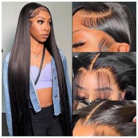 13X6 Lace Front Wigs Human Hair Straight Human Hair Wig HD Lace Frontal Glueless Wigs Human Hair Pre Plucked Bleached Knots with Baby Hair Natural Black 30 Inch