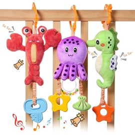 TUMAMA 4 Pcs Marine Animal Hanging Baby Stroller Toys 0 3 6 12 Months | Crinkle Infant Rattles with Teether, Marine Animal Shape Wind Chime Toy, Suita