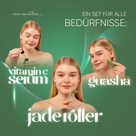 eco masters Jade Roller mit Vitamin C Serum & Gua Sha - Premium Jade Stein - Massage Roller gegen Augenringe und Falten - Hautpflege Set - Skin Care Set - Gesichtsmassagegerät