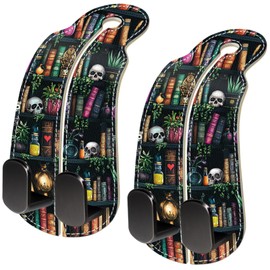 Blusabaca 2PCS Car Hooks Purses and Bags, Goth Gothic Bookshelf Skull Skeleton Seat Back Storage Headrest Holder Hanger PU Leather Double Metal Backseat Organizer, Women Car Accessories Organization