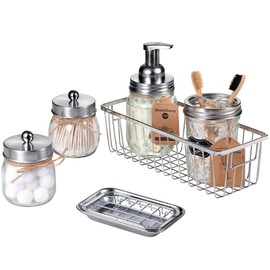 Mason Jar Bathroom Accessories Set(6PCS) - Foaming Soap Dispenser,Toothbrush Holder,Qtip Holder,Apothecary Jars, Soap Dish,Metal Wire Storage Organizer - Rustic Farmhouse Decor (Brushed Nickel)