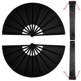 Lystaii 2pcs Handheld Folding Hand Fans for Women Men, 13 Inches Large Rave Fan for Line Dance Chinese Kung Fu Tai Chi Nylon Cloth Fan with Sleeve for Party Performance Festival (Black)