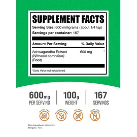 BulkSupplements.com Ashwagandha Root Extract Powder - Ashwagandha Supplement, Herbal Supplement - Vegan & Gluten Free, 600mg per Serving, 100g (3.5 oz) (Pack of 1)