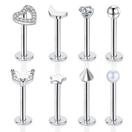 Gojewen 8pcs Lip Bars Labret Studs 16G 10mm Stainless Steel Helix Tragus Cartilage Earring Stud Silver Piercing Bar Heart Butterfly