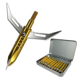 e5e10 12pcs Hunting Broadheads 100 Grain Archery Broadheads New Steel Broadheads + 1 pc Metal Broadhead Case for Arrowheads (Golden)