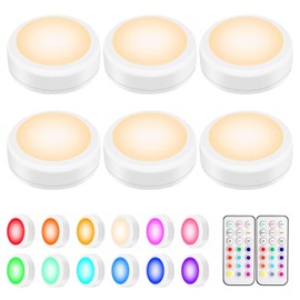 BLS LED Puck Lights with Remote Control, Wireless Under Cabinet & Closet Lighting, RGB 13 Color Changing Lights with Dimmer, Timer & AA Battery Operated, Push, Touch, Stick on for Night, Wall, 6 Pack