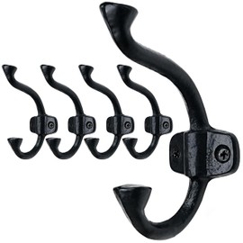 SKOLOO Heavy-Duty Black Wall Hooks Set - Farmhouse Style Cast Iron Hooks, Pack of 5 - Ideal for Backpack, Coat, and Towel Hooks - Perfect for Entryway, Mud Room, and Bathroom Storage