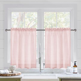 DWCN Short Kitchen Curtains,Faux Linen Half Window Sheer Curtains Rod Pocket Small Voile for Bathroom Basement Cafe Drapes Light Filtering 2 Panels,W36 x L36,Blush Pink