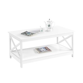 YAHEETECH Wood 2-Tier White Coffee Table with Storage Shelf for Living Room, X Design Accent Cocktail Table, Easy Assembly Home Furniture, 39.5 x 21.5 x 18 Inches