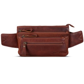 ROYALZ 'Vegas' Bum Bag for Men & Women Fanny Pack Leather Flat Belt Bag Vintage Look 5 compartments Retro Hip Bag Breast Bag Crossbodybag, Color:Roma Cognac Brown