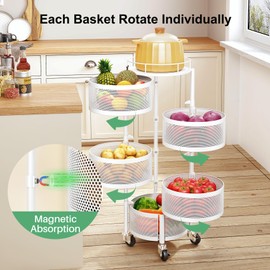 SAYZH Fruit Vegetable Basket for Kitchen, Rotating Storage Rack, 5 Tier Rolling Cart with top lid, Large Metal Wire Wheels (White)