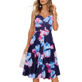 Drimmaks Women's 2022 Casual Boho Floral Sundress Spaghetti Strap Sweetheart Neck Buttons Flowy Midi Dress(044-Floral 01,S)