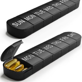 JUNIPLTER 2 PCS Pill Boxes 7 Day 1 Times A Day, Weekly Pill Organiser, Travel Pill Box, Easy Open Medication Organizer, Large Pill Box Organiser Pill Holder for Vitamins Supplements (Black)