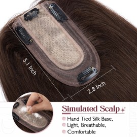 Elailite Hair Toppers for Women Real Human Hair Topper Thinning Thin 5.1"x2.8" Silk Base Straight Clip in Remy Hairpieces 8 Inch Dark Brown