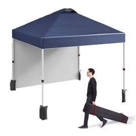 10x10 Ft Pop Up Canopy Tent with 1 Sidewall, Instant Portable Shelter with Vented Roof and Wheeled Carry Bag, Outdoor Sun Shade for Beach, Camping, Patio, Bonus 4 Canopy Sand Bags, Navy Blue