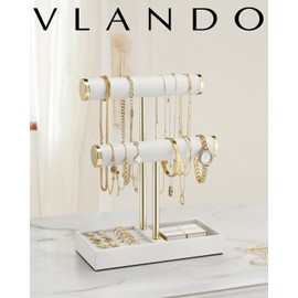 Vlando 2 Tier Bracelet Holder 0rganizer with Tray - Leather Jewelry Stand Organizer for Women - Jewelry Holder Display for Necklace, Watches, Rings, Earrings, Bangle, Scrunchie - White
