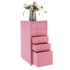 5 Drawer File Cabinet w/Wheels, Metal Vertical Filing Cabinet Pink Storage Cabinets w/Tag Slot, Freestanding Underdesk Chest, Mobile Storage Cabinet File Organizer for Home Office Living Room Study