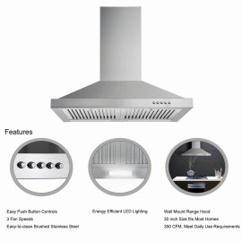Tieasy 450CFM Wall Mount Range Hood 30 in Stainless Steel Kitchen Convertible Vent New