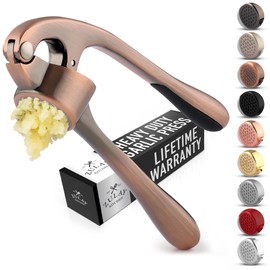 Zulay Kitchen Premium Garlic Press Set - Rust Proof Professional Garlic Mincer Tool - Easy-Squeeze, Easy-Clean with Soft, Ergonomic Handle - Silicone Garlic Peeler & Brush (Copper)