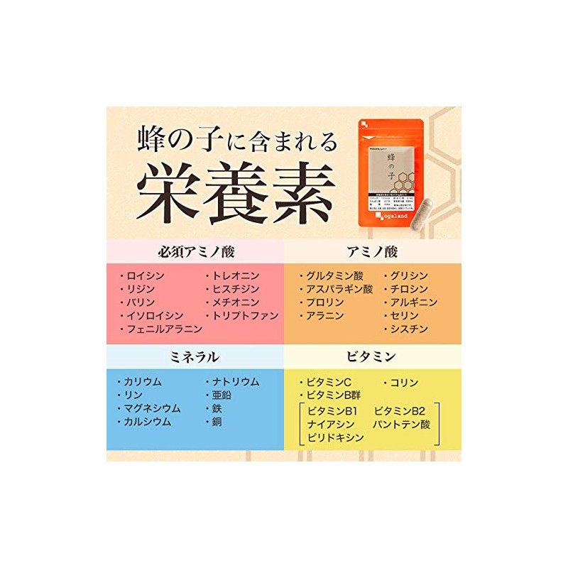 オーガランド (ogaland) お徳用 蜂の子 (180カプセル / 約6ヶ月分) はちのこ サプリメント (必須アミノ酸/ミネラル含有)