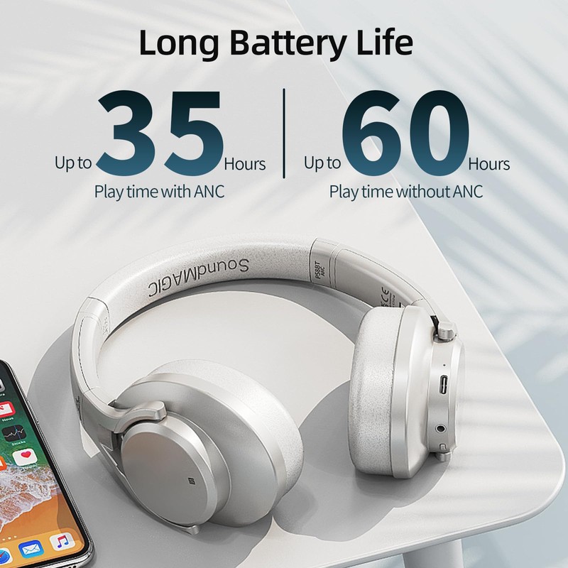 SoundMAGIC - Auriculares inalámbricos sobre la oreja, cancelación de ruido,