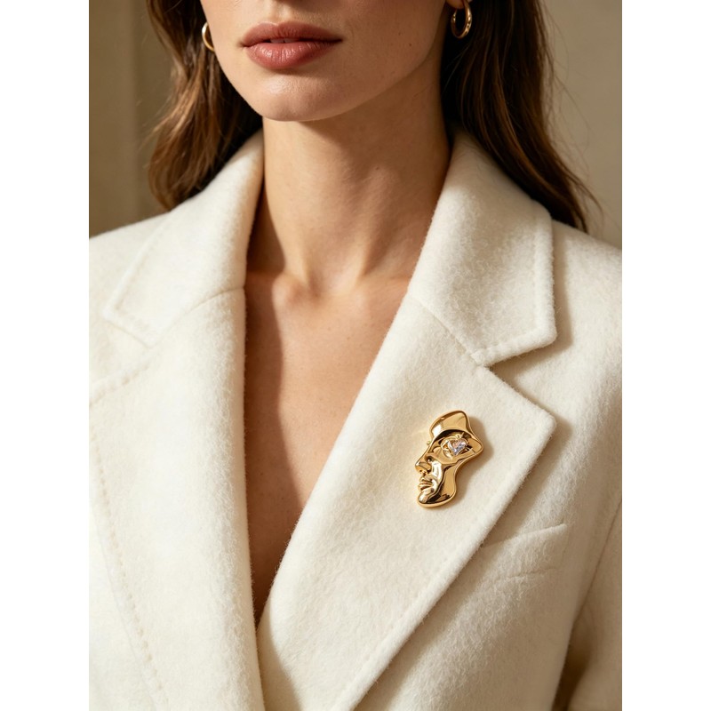 2Pcs Abstract Face Brooch Pin with Heart Crystal Eyes, Gold