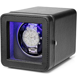 Vlando Automatic Watch Winder 1 Watch with Japanese Quiet Motors, Square Watch Winder, Watch Winder with 4 Rotation Modes, LED Light and Type C Adapter, Luxury Leather with Lychee Texture