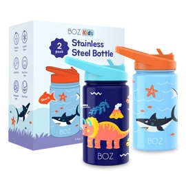 BOZ Kids Insulated Water Bottle with Straw Lid - Two-Pack Bundle, Shark/Dinosaur Stainless Steel Vacuum Double Wall Water Cup, 14 oz (414ml). Scratch-Resistant, Carry Handle, and Dishwasher-Safe